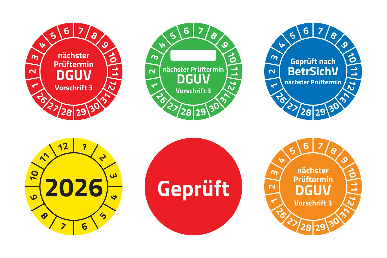 Sechs runde Prüfplaketten in Rot, Grün, Blau, Gelb und Orange mit Monats- und Jahresring, darunter ein kleiner Aufkleber Geprüft