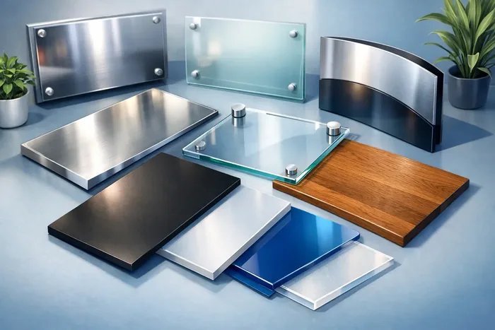 Illustration von Materialmustern fuer Firmenschilder: gebuerstetes Edelstahlblech, Glasplatten auf Abstandshaltern, Holz und eloxiertes Aluminium.