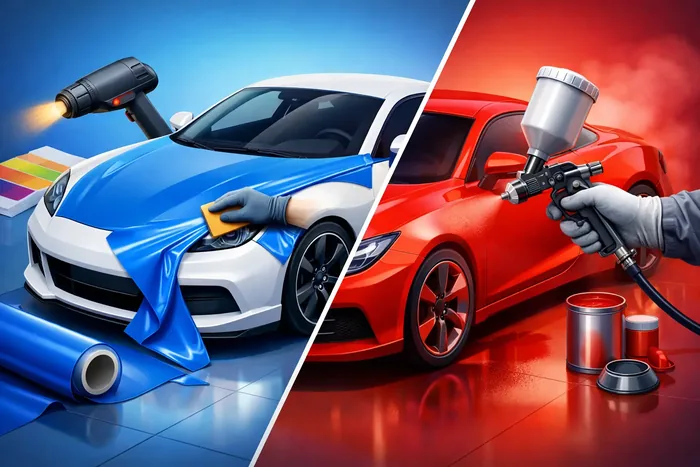 Geteilte Illustration: links wird blaue Folie auf ein Fahrzeug aufgezogen, rechts wird ein Fahrzeug rot lackiert.