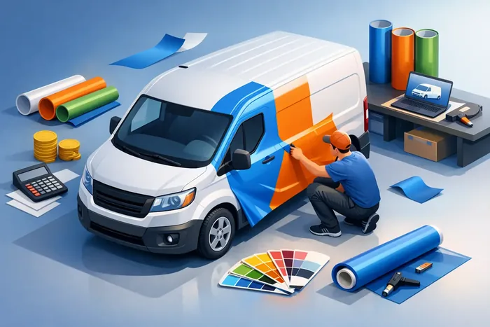 Illustration einer Transporterbeschriftung in Arbeit, daneben Taschenrechner, Muenzen und ein Farbfaecher als Hinweis auf die Kostenfrage.