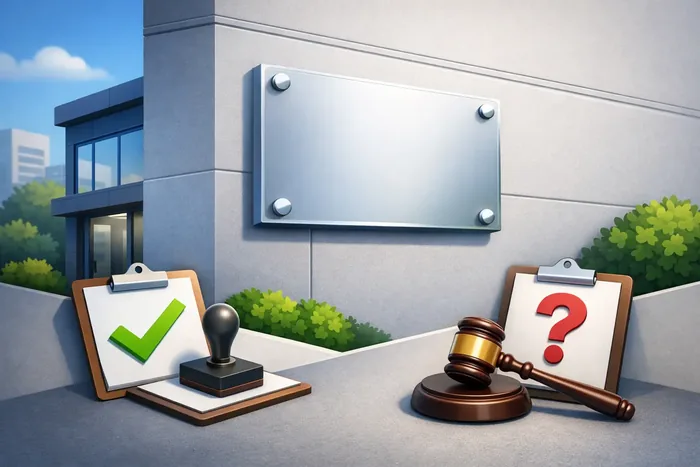 Illustration zur Genehmigungsfrage: ein noch leeres Firmenschild an einer Fassade, davor Klemmbretter mit Haken und Fragezeichen sowie ein Richterhammer.
