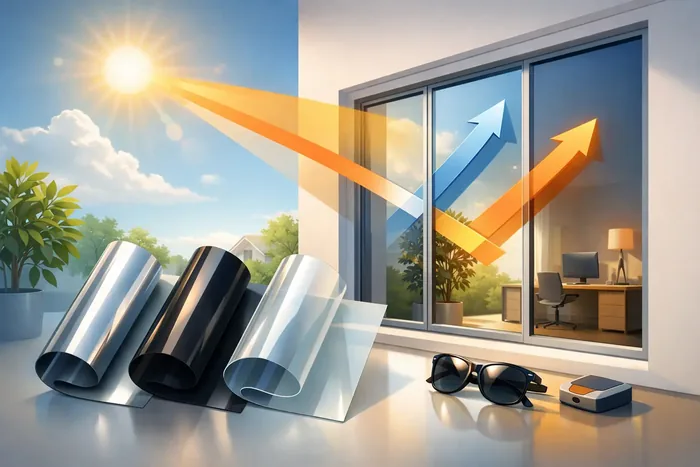 Illustration verschiedener Sonnenschutzfolien vor einem Fenster, daneben Pfeile fuer einfallende und zurueckgeworfene Sonnenstrahlung.