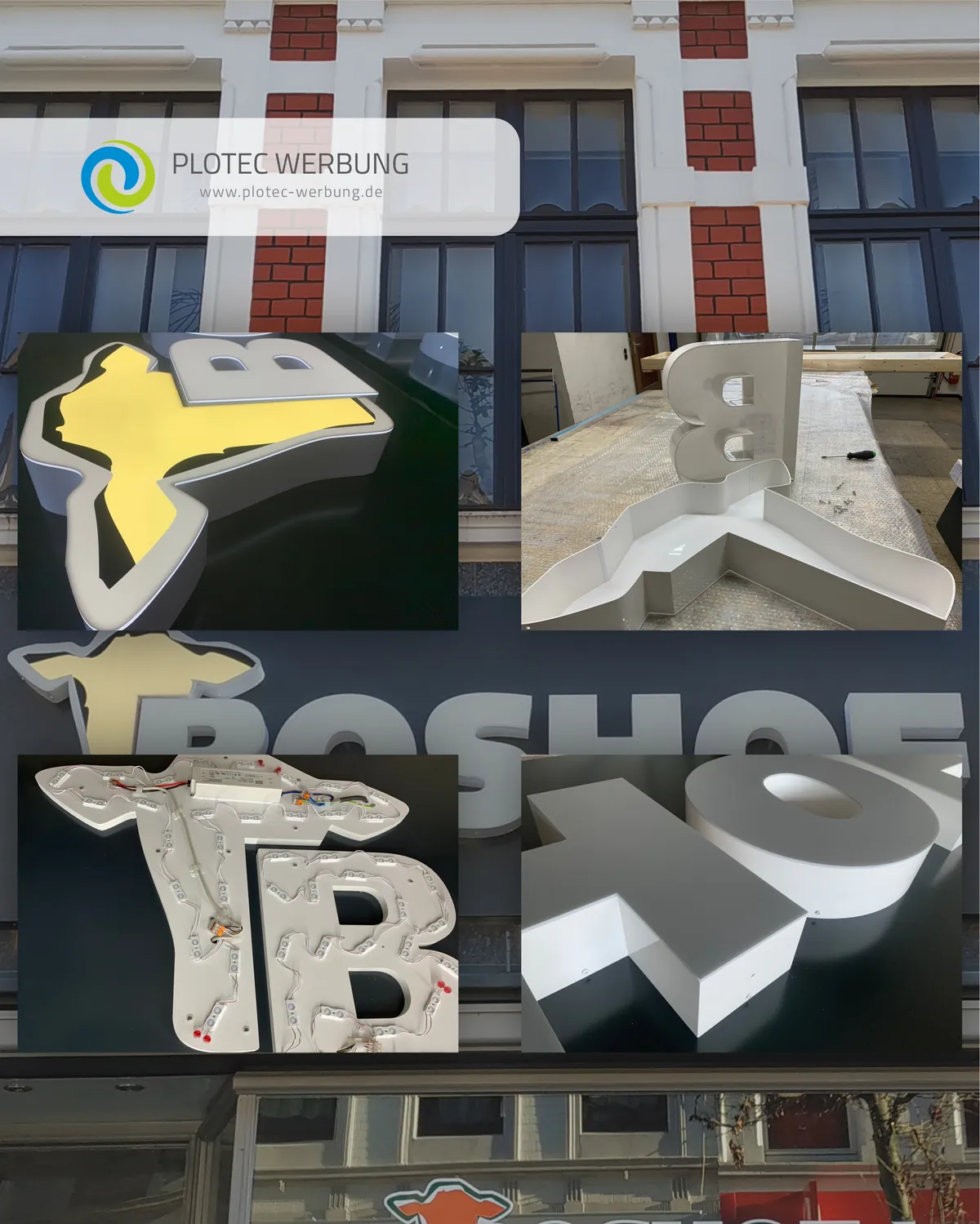 Drei Aufnahmen der Boshof-Buchstaben in der Fertigung: gelbe Rückseite, weiße Rohlinge und fertige Einzelbuchstaben