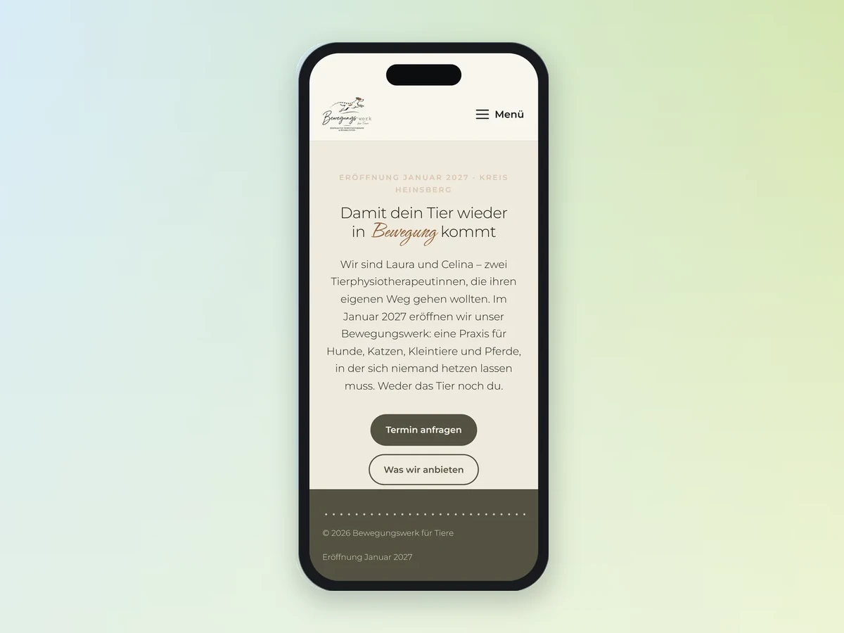 Website einer Tierphysiotherapie-Praxis in der Handy-Ansicht