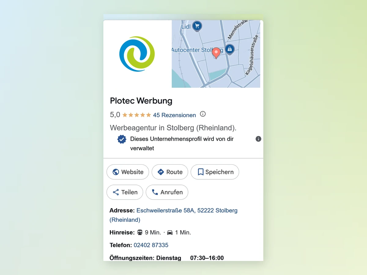Gepflegtes Google-Unternehmensprofil mit Bewertungen, Adresse und Öffnungszeiten