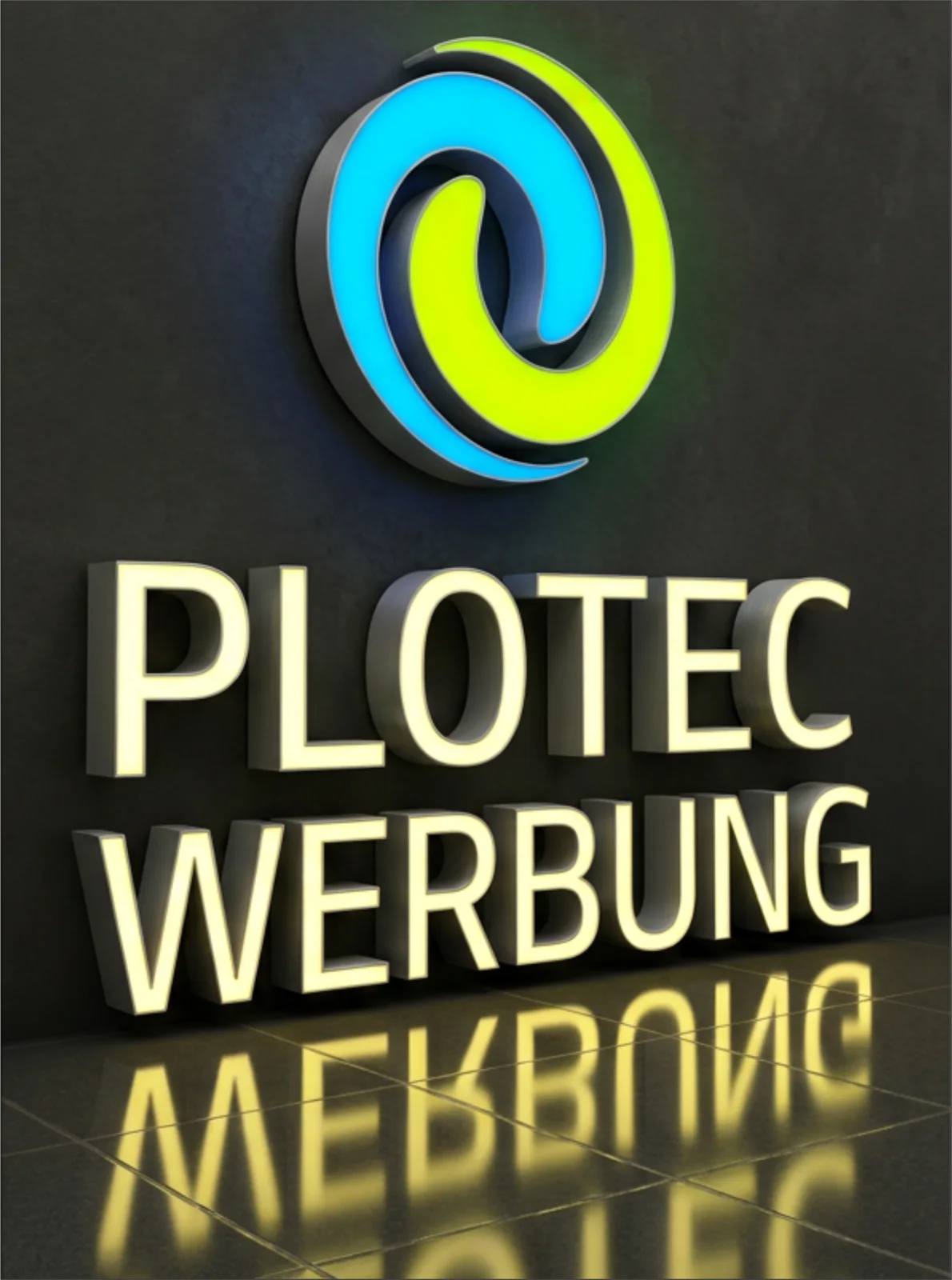 Leuchtbuchstaben und Logo von Plotec Werbung – beleuchtet (Nacht)