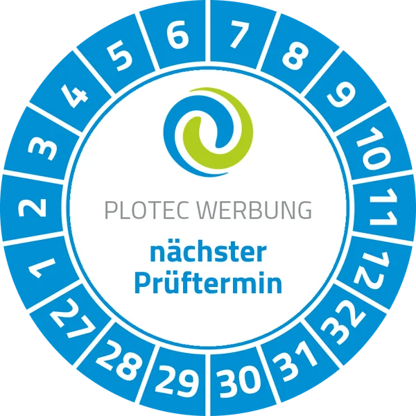 Beispiel: Prüfplakette „nächster Prüftermin“ mit Logo von Plotec Werbung