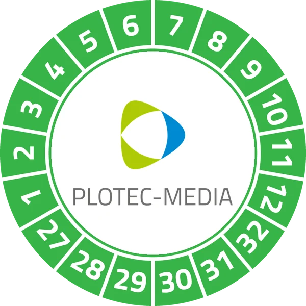 Beispiel: grüne Prüfplakette mit Zeichen und Schriftzug Plotec Media