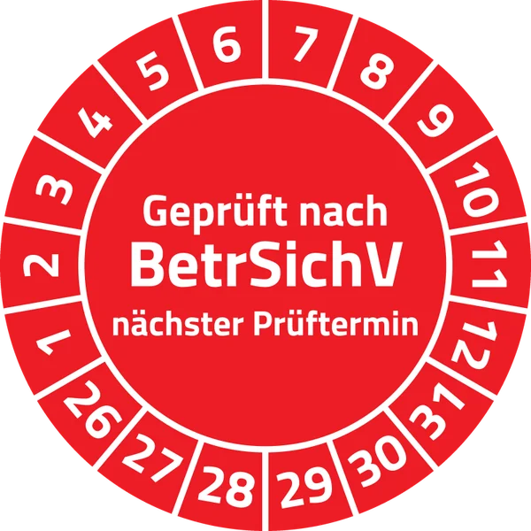 Prüfplakette „Geprüft nach BetrSichV“, Ø 30 mm, Rot