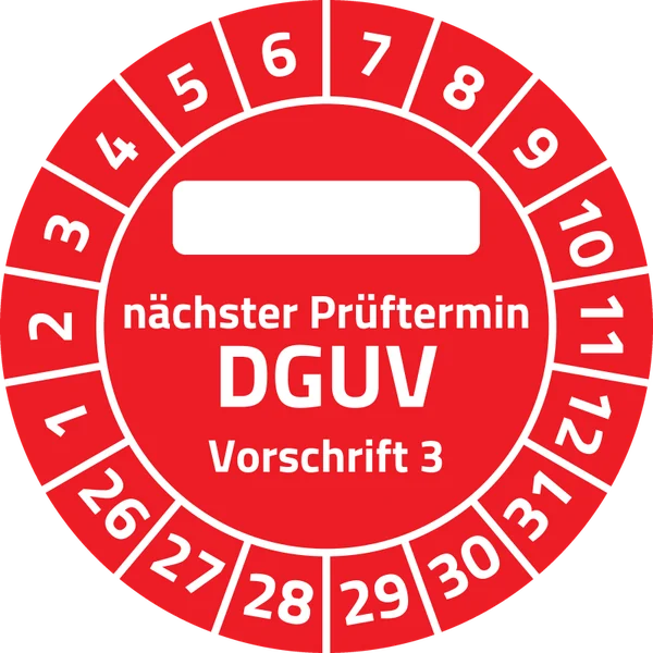 Prüfplakette DGUV Vorschrift 3 mit Schreibfeld, Ø 30 mm, Rot