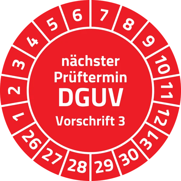 Prüfplakette „Nächster Prüftermin DGUV Vorschrift 3“, Ø 30 mm, Rot