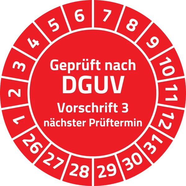 Prüfplakette „Geprüft nach DGUV Vorschrift 3“, Ø 30 mm, Rot