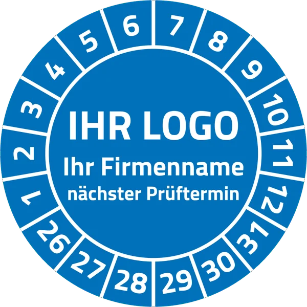 Muster einer Prüfplakette mit Platz für Logo und Firmenname