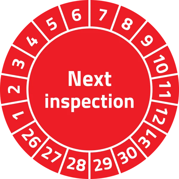 Prüfplakette „Next inspection“ (englisch), Ø 30 mm, Rot