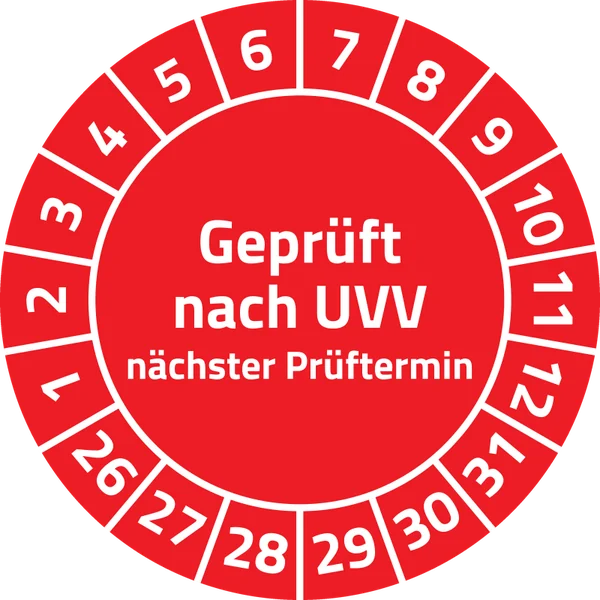 UVV-Prüfplakette „Geprüft nach UVV“, Ø 30 mm, Rot